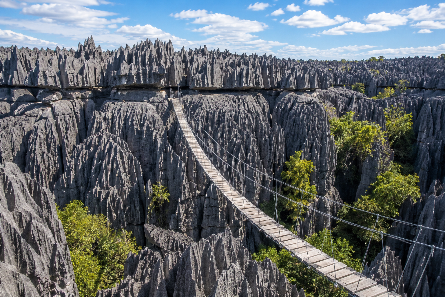 Tsingy de Bemaraha National Park in Madagascar with suspension bridge above sharp limestone formations