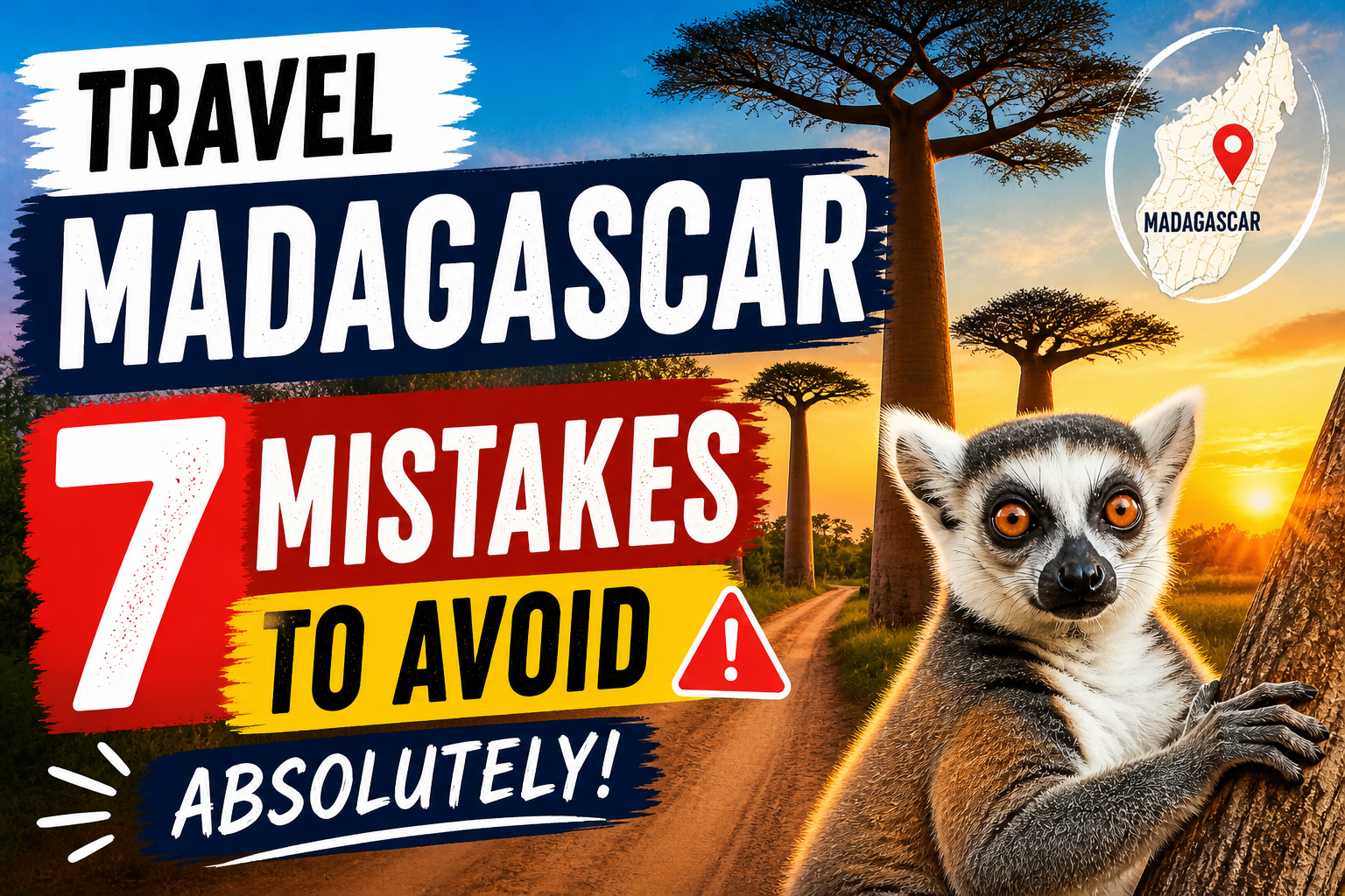 Travel Madagascar: 7 mistakes to avoid – baobab sunset and lemur thumbnail