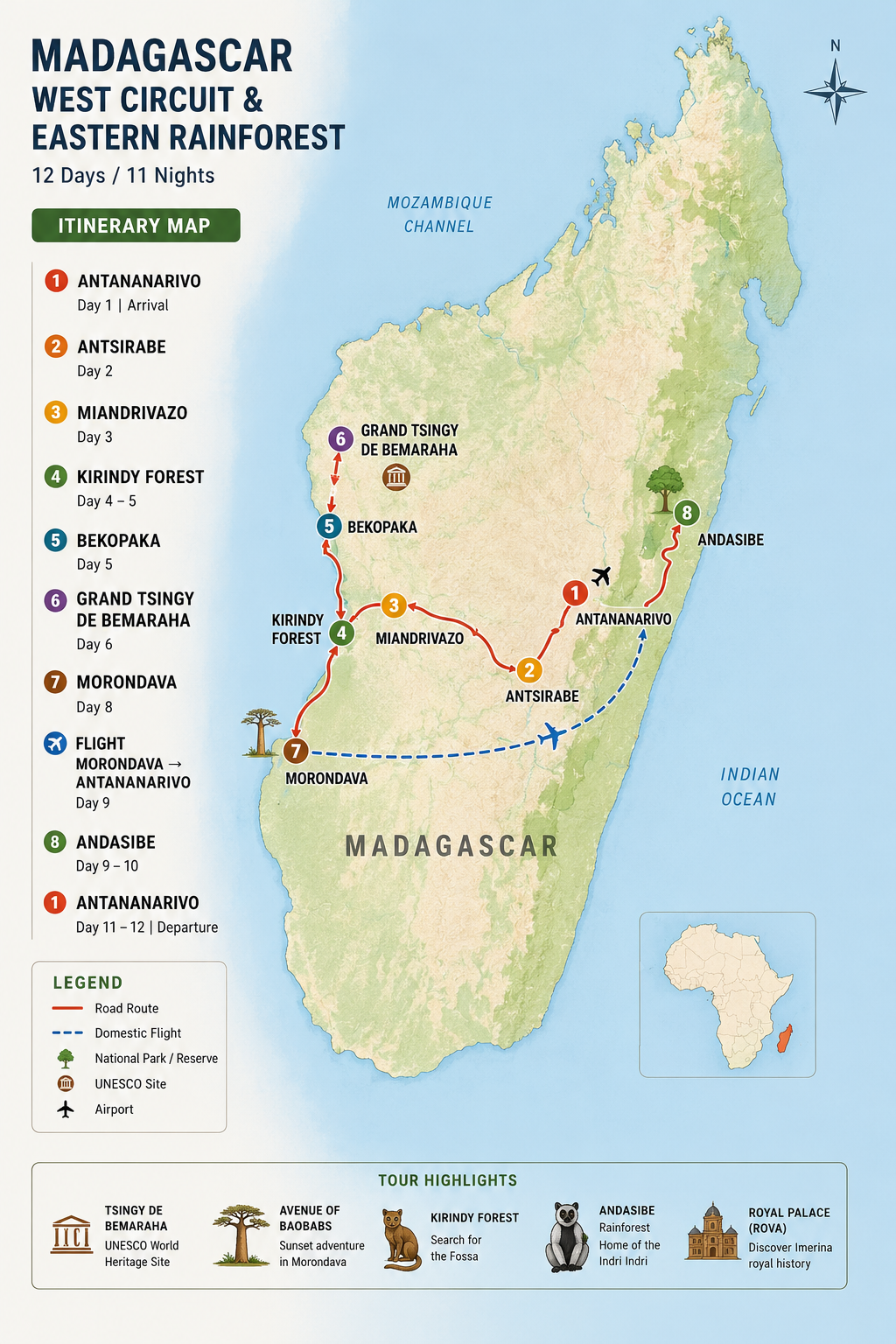 Detailed map of Madagascar showing a 12-day tour itinerary from Antananarivo to Antsirabe, Miandrivazo, Kirindy Forest, Tsingy de Bemaraha, Morondava, Avenue of the Baobabs, Andasibe National Park, and back to Antananarivo.