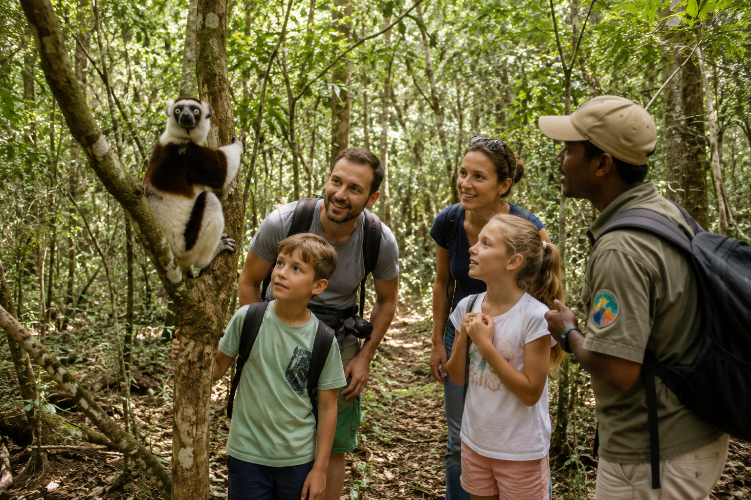 Happy family watching lemurs during a guided safari holiday in Madagascar